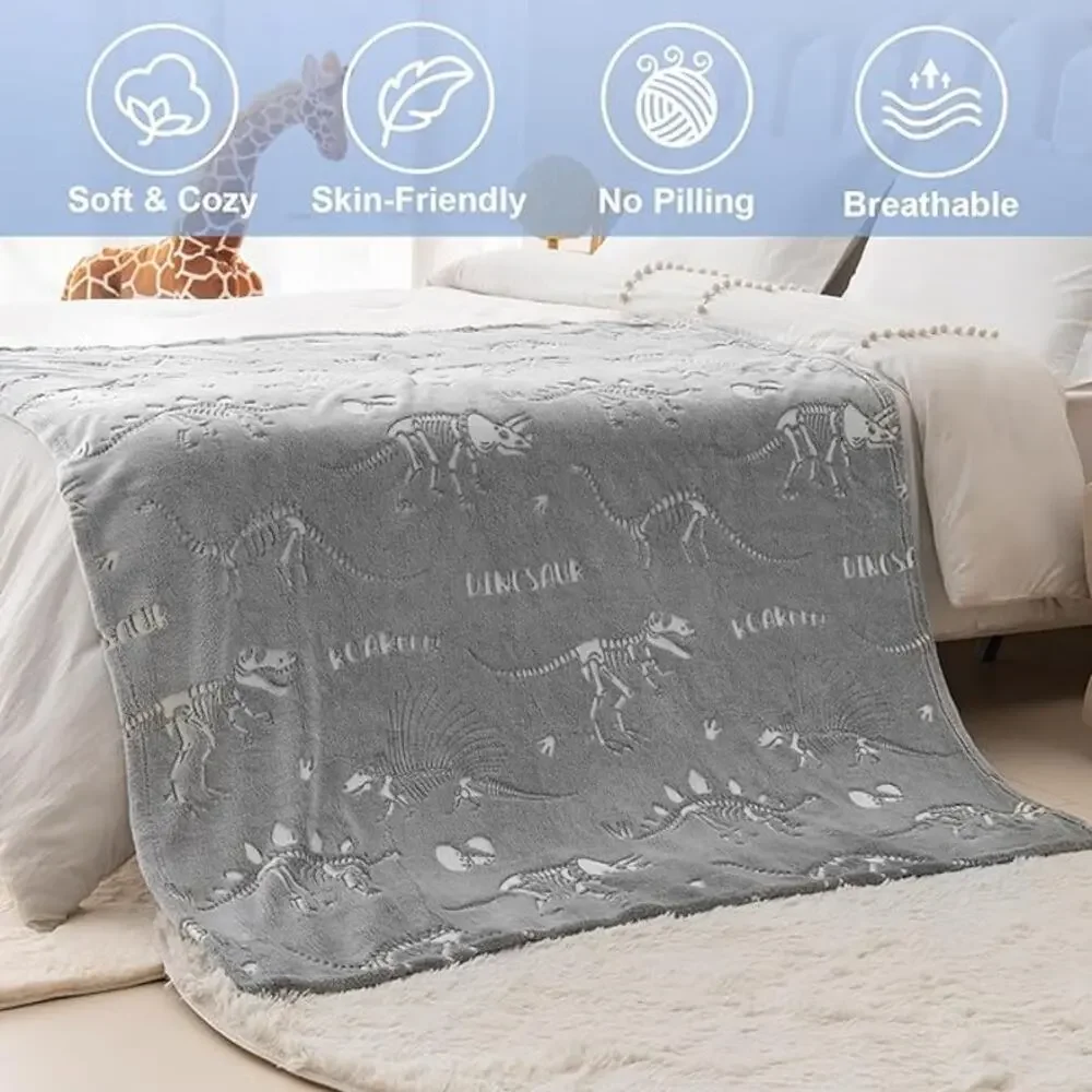 Dinosaur Gray Glow in The Dark Blanket- Soft Throw 50